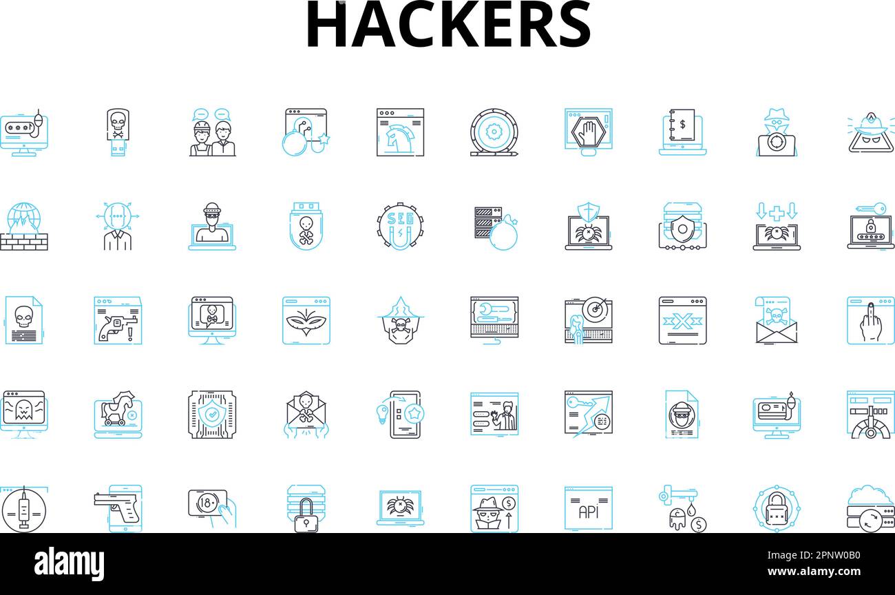 Hackers linear icons set. Cybercriminals, Intruders, Crackers, Hacktivists, Black hats, White hats, Rogue vector symbols and line concept signs. Spies Stock Vector