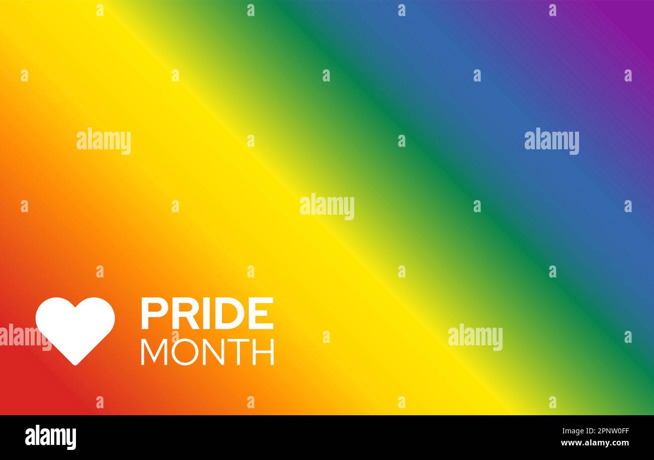 Pride flag gradient background with text Pride Month and hearth shape symbol. Vector illustration Stock Vector