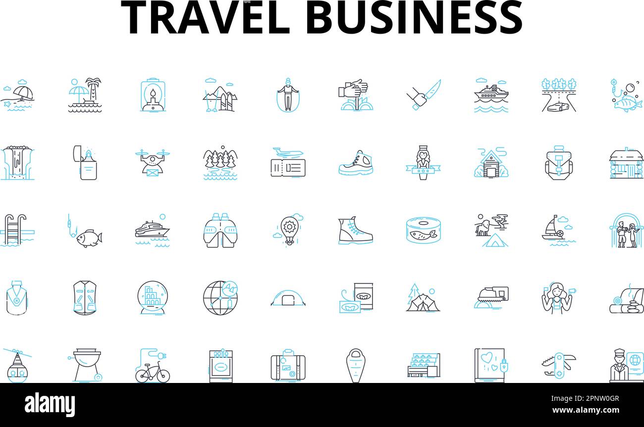 Travel business linear icons set. Adventure, Exotic, Leisure, Culture, Destination, Escape, Expedition vector symbols and line concept signs Stock Vector