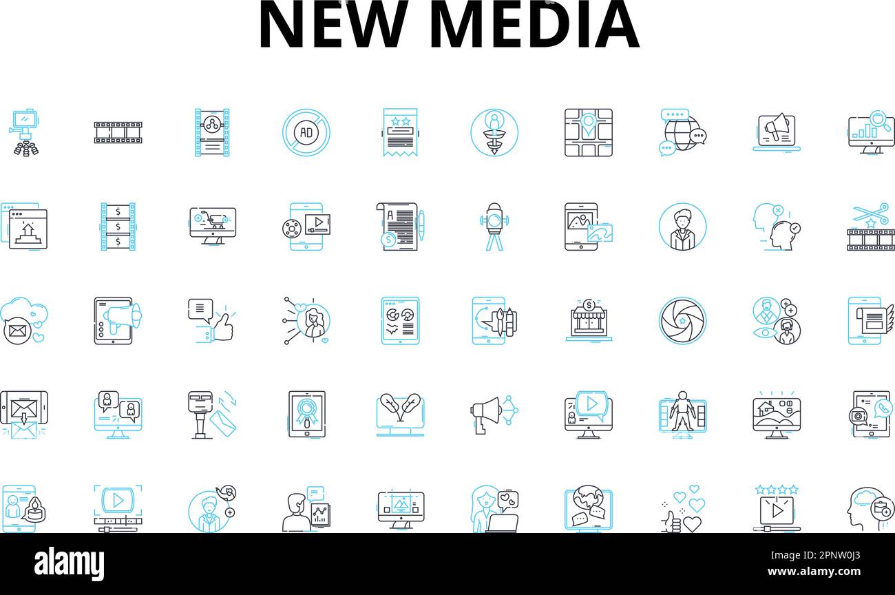 New media linear icons set. Interactivity, Digitalization, Connectivity, Innovation, Disruption, Virality, Collaboration vector symbols and line Stock Vector