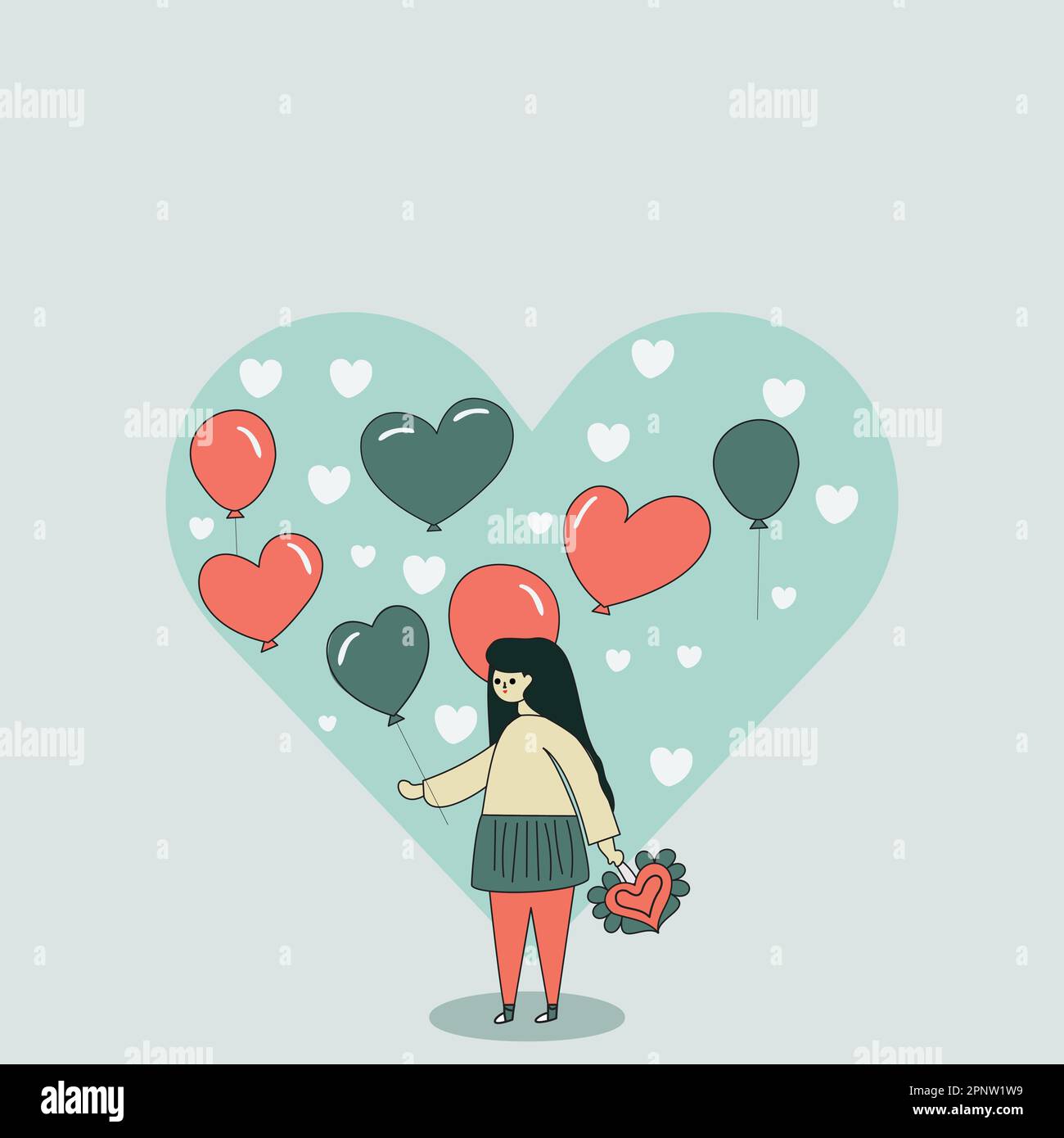 Cartoon Young Girl Standing With Balloons, Heart Shapes On Blue Background And Copy Space. Stock Vector