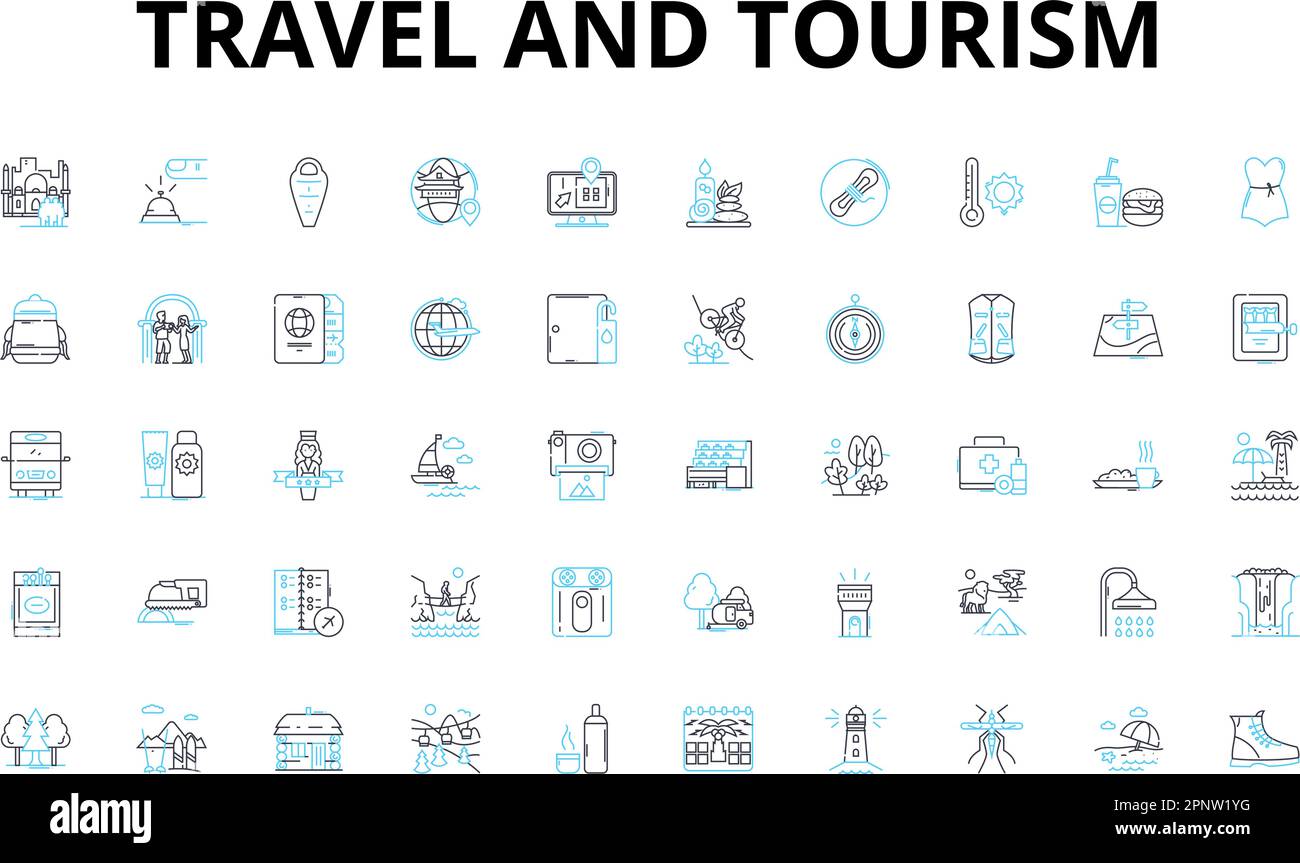 Travel and tourism linear icons set. Adventure, Backpacking, Beaches, Culture, Eco-tourism, Food, Hospitality vector symbols and line concept signs Stock Vector