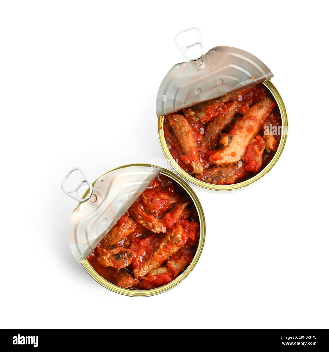 Opened tin cans with fish in tomato sauce isolated on white background