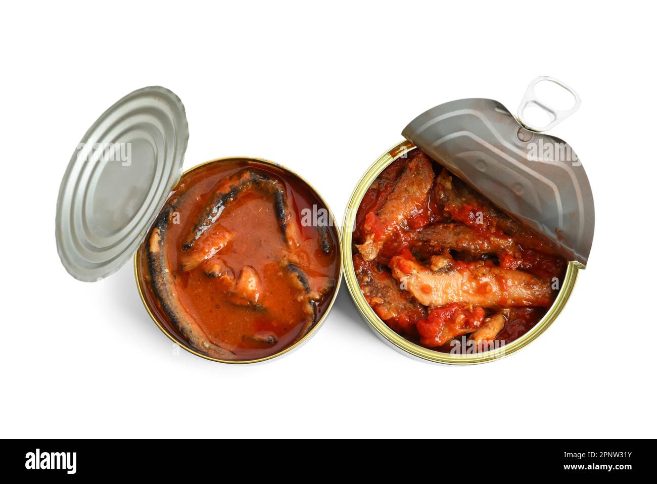 Opened tin cans with fish in tomato sauce isolated on white background
