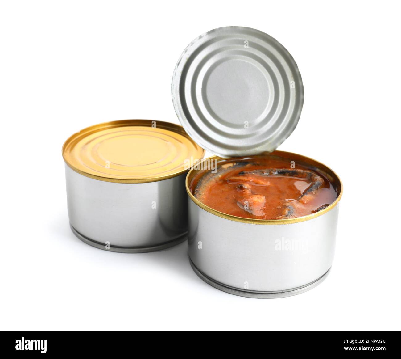 Opened tin cans with fish in tomato sauce isolated on white background