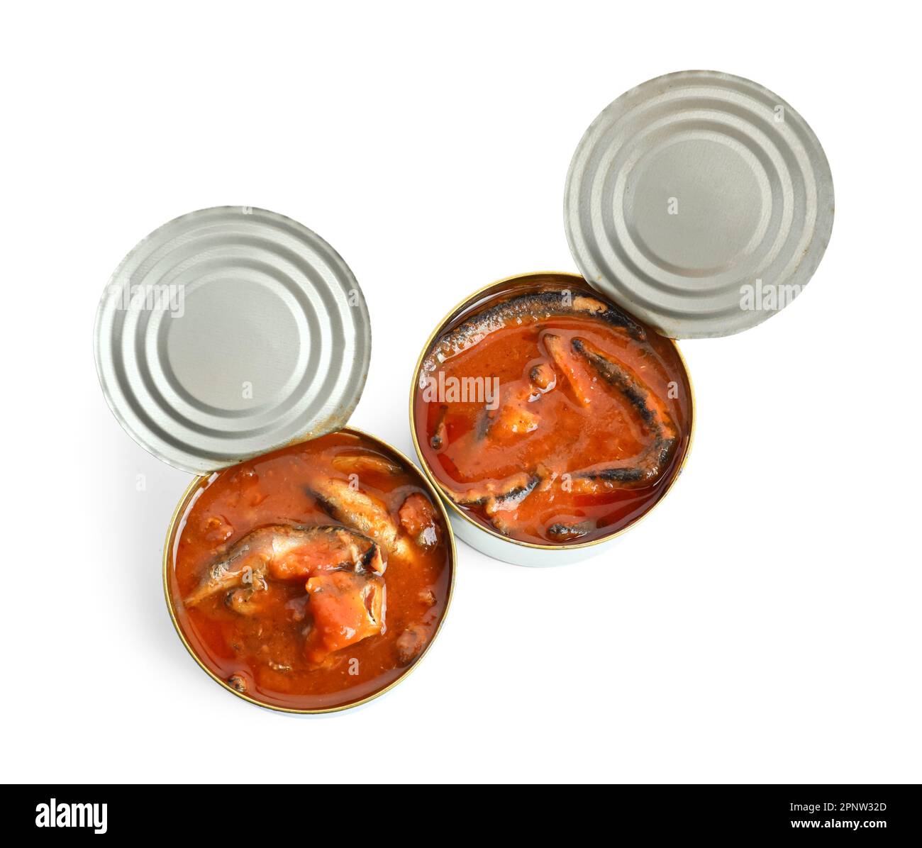 Opened tin cans with fish in tomato sauce isolated on white background