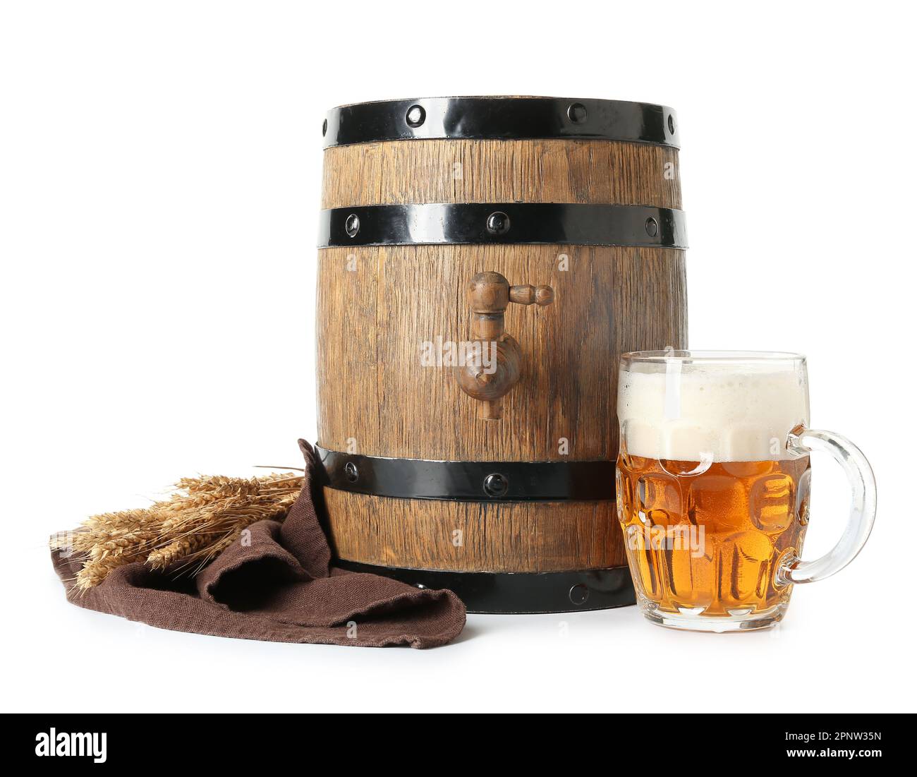 Wooden barrel and mug of cold beer on white background Stock Photo Alamy