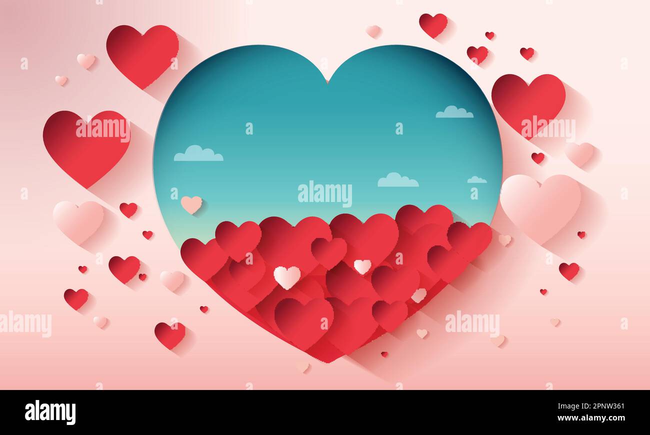 Red And Blue Paper Cut Heart Shapes For Love or Valentine Concept. 3D