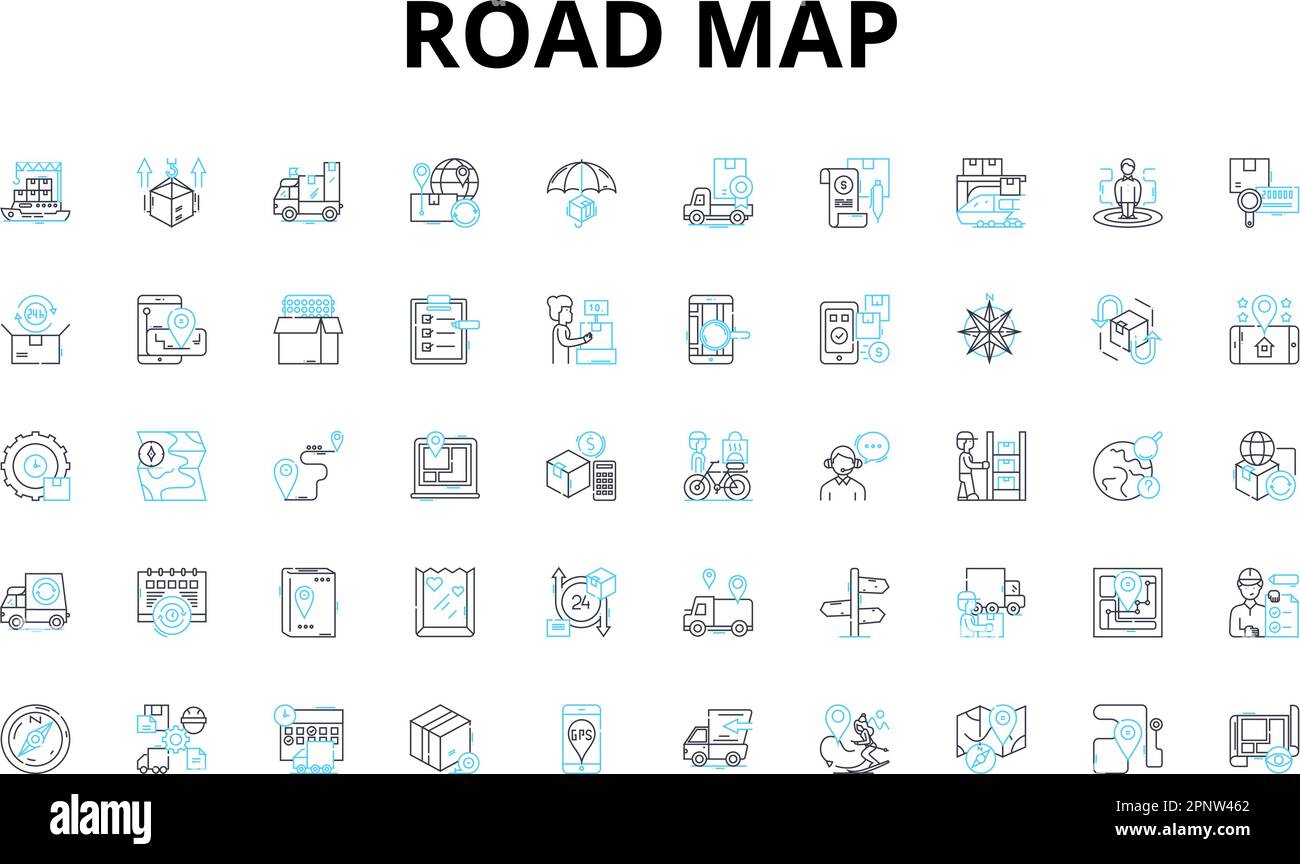 Road map linear icons set. Navigation, Directions, Routes, Planning, Markings, Symbols, Signs vector symbols and line concept signs. Pathways,Highways Stock Vector
