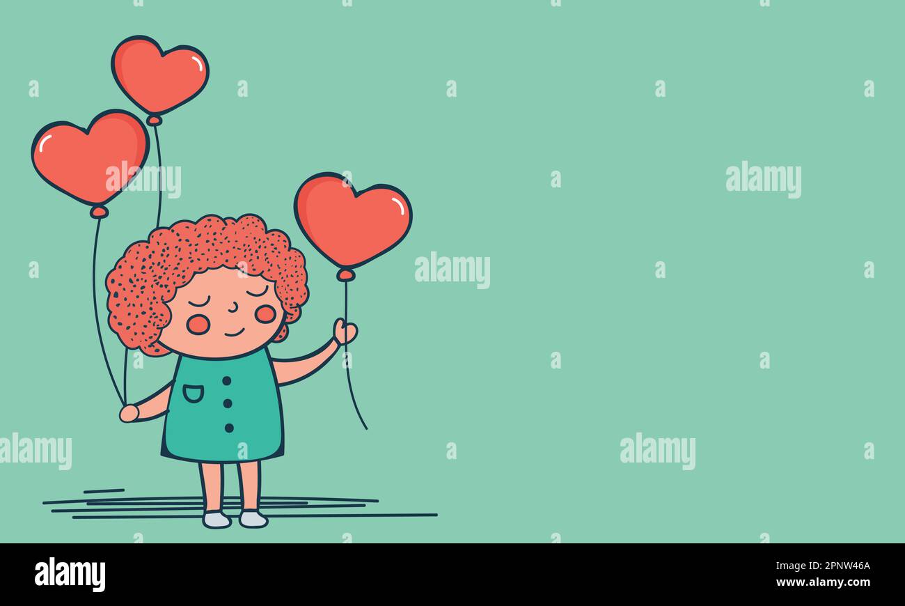 Cute Little Girl Holding Hearts Balloons On Pastel Green Background And
