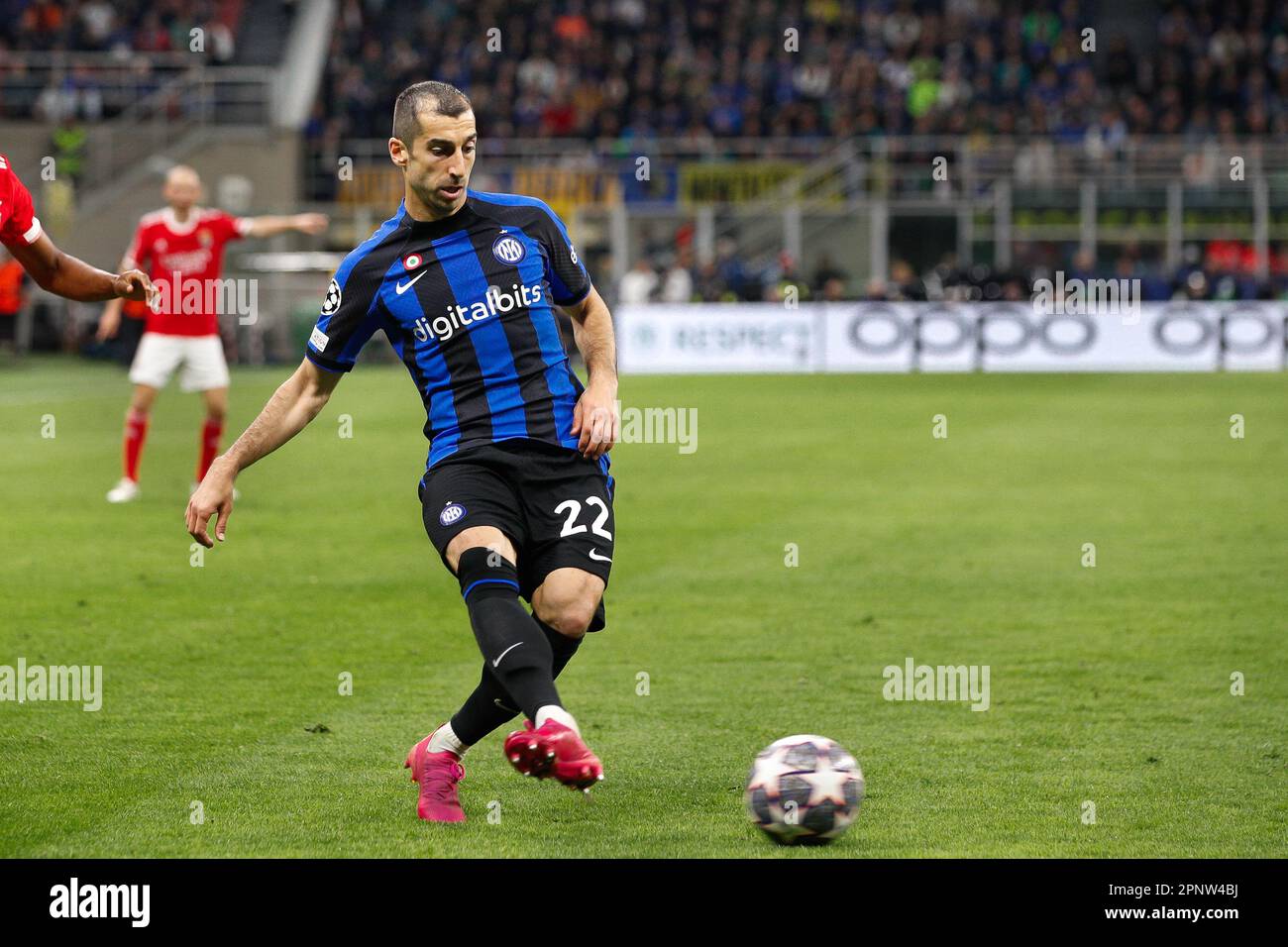 Milan, Italy. 19th Apr, 2023 Henrikh Mkhitaryan (FC Inter midfielder) back pass shot in the