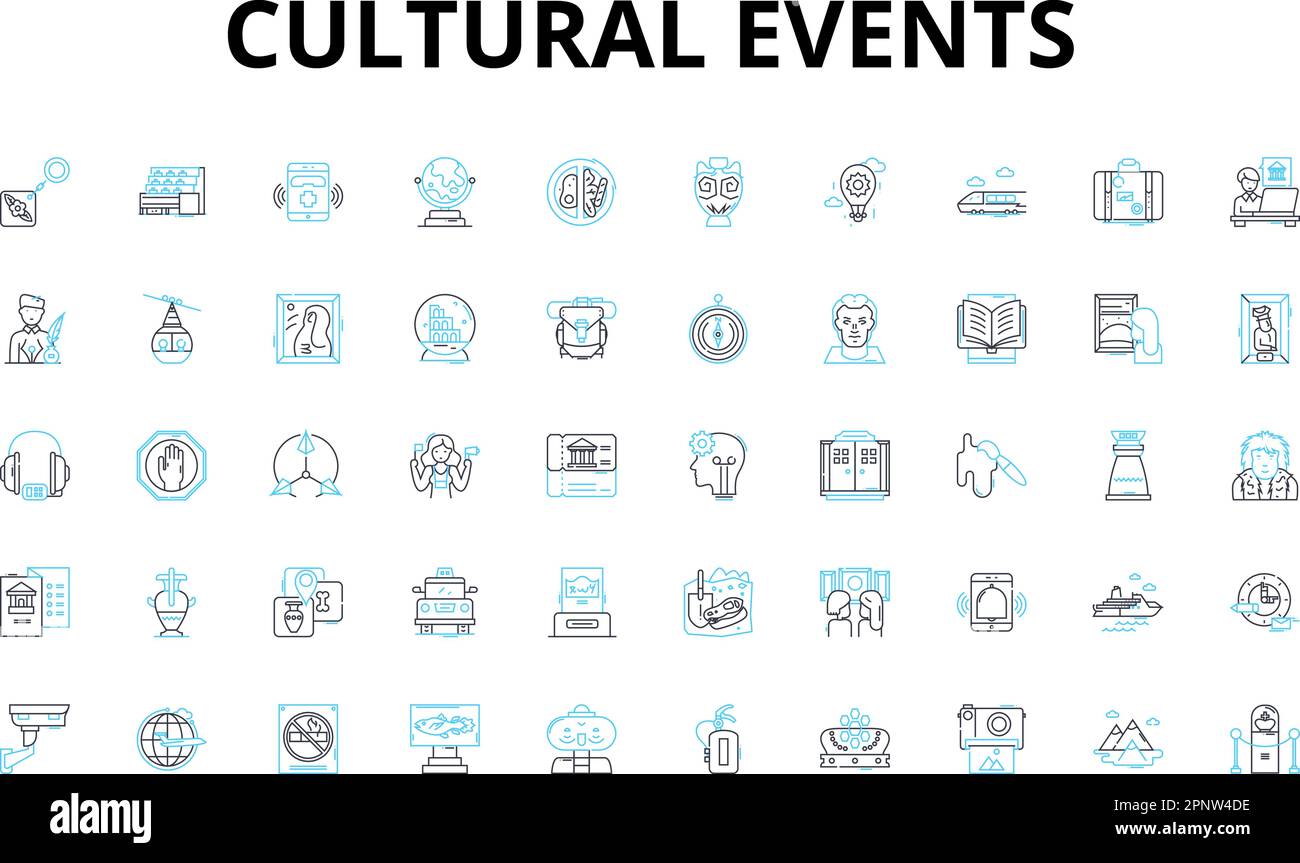 Cultural events linear icons set. Festivals, Music, Arts, Dance, Food, Theatre, Film vector symbols and line concept signs. Tradition,Ethnicity Stock Vector