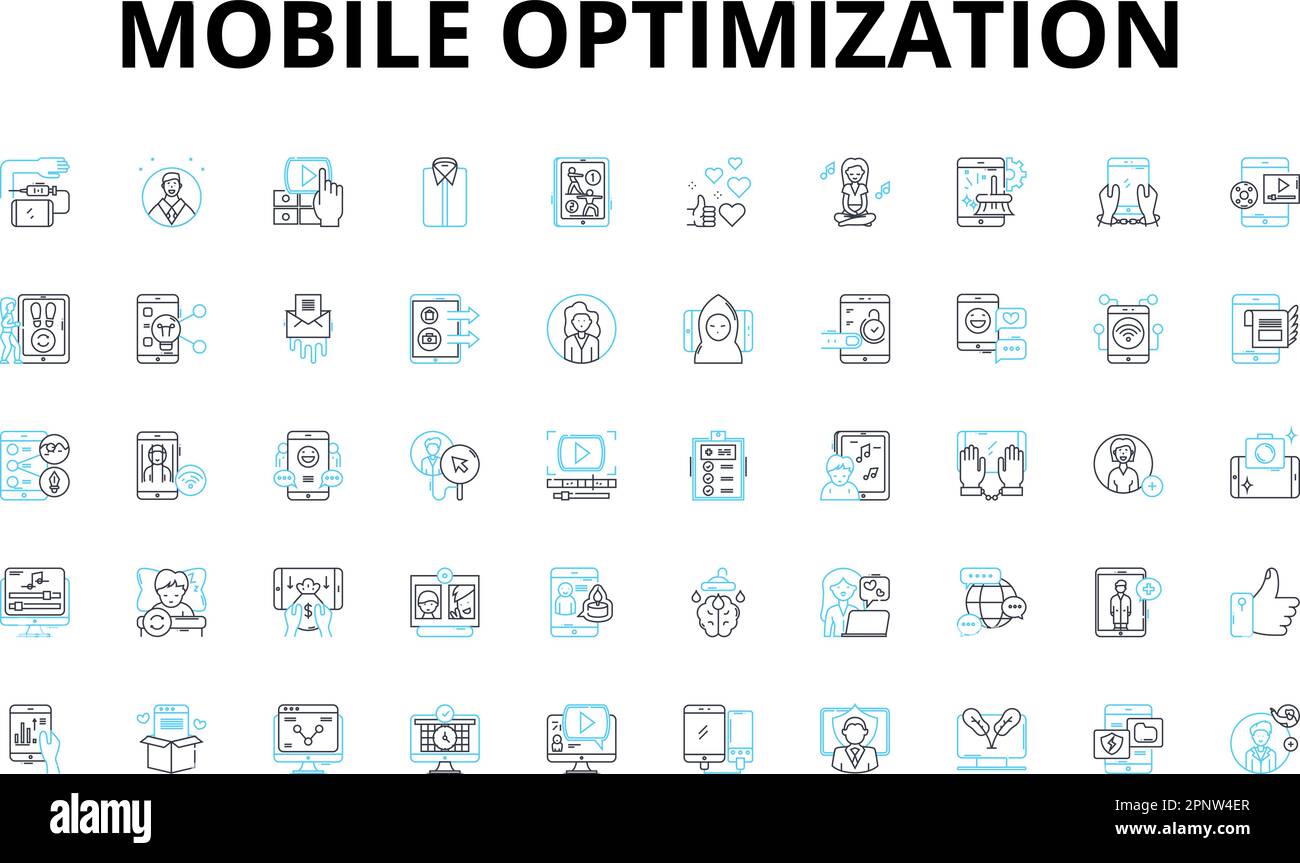 Mobile optimization linear icons set. Responsiveness, Compatibility, Adaptability, Streamlining, Efficiency, Accessibility, User-friendliness vector Stock Vector