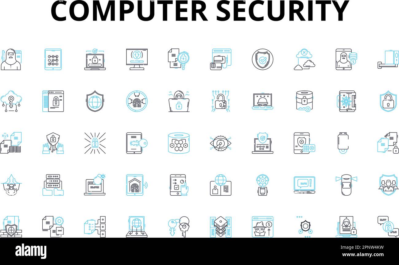 Computer security linear icons set. Firewall, Cryptography, Malware, Authentication, Encryption, Phishing, Virus vector symbols and line concept signs Stock Vector