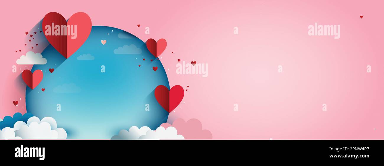 3D Render, Red Paper Cut Heart Shapes With Blue Round Shape, Clouds On ...