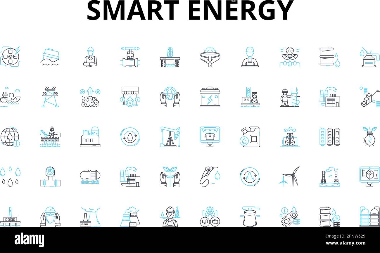 Smart Energy linear icons set. Efficiency, Renewable, Sustainability, Solar, Wind, Geothermal, Battery vector symbols and line concept signs. Grid Stock Vector