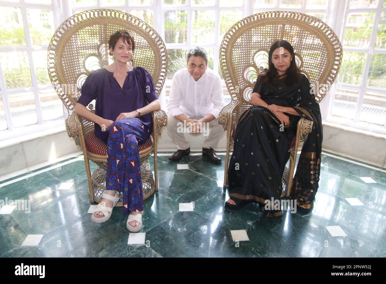 April 20, 2023, Kolkata, West Bengal, India: Hollywood actress Jacqueline Fritschi-Cornaz with Film Director & Producer Kamal Musale and Indian actress Deepti Naval during a press conference & trailer launch for upcoming film Mother Teresa & Me in Kolkata. (Credit Image: © Dipa Chakraborty/Pacific Press via ZUMA Press Wire) EDITORIAL USAGE ONLY! Not for Commercial USAGE! Stock Photo