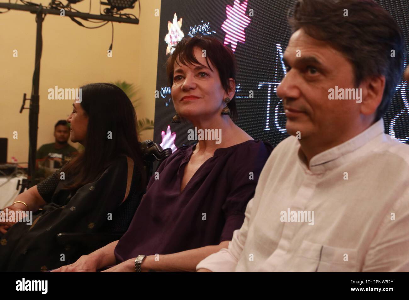 April 20, 2023, Kolkata, West Bengal, India: Hollywood actress Jacqueline Fritschi-Cornaz with Film Director & Producer Kamal Musale, Indian actress Deepti Naval during a press conference & trailer Launch for upcoming film Mother Teresa & Me in Kolkata. (Credit Image: © Dipa Chakraborty/Pacific Press via ZUMA Press Wire) EDITORIAL USAGE ONLY! Not for Commercial USAGE! Stock Photo