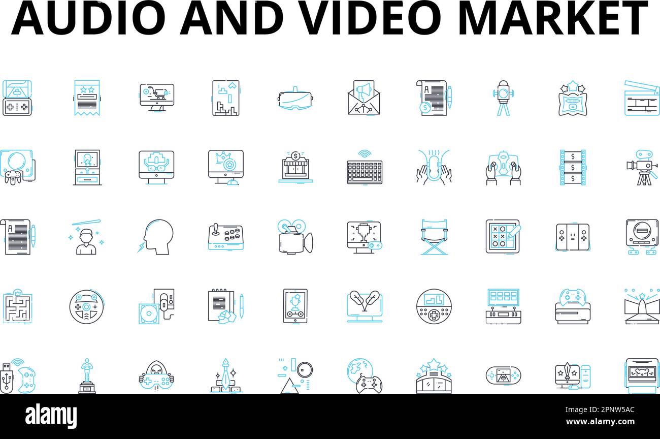 audio and video market linear icons set. Sound, Visuals, Speakers, Headphs, Amplifiers, Microphs, High-definition vector symbols and line concept Stock Vector