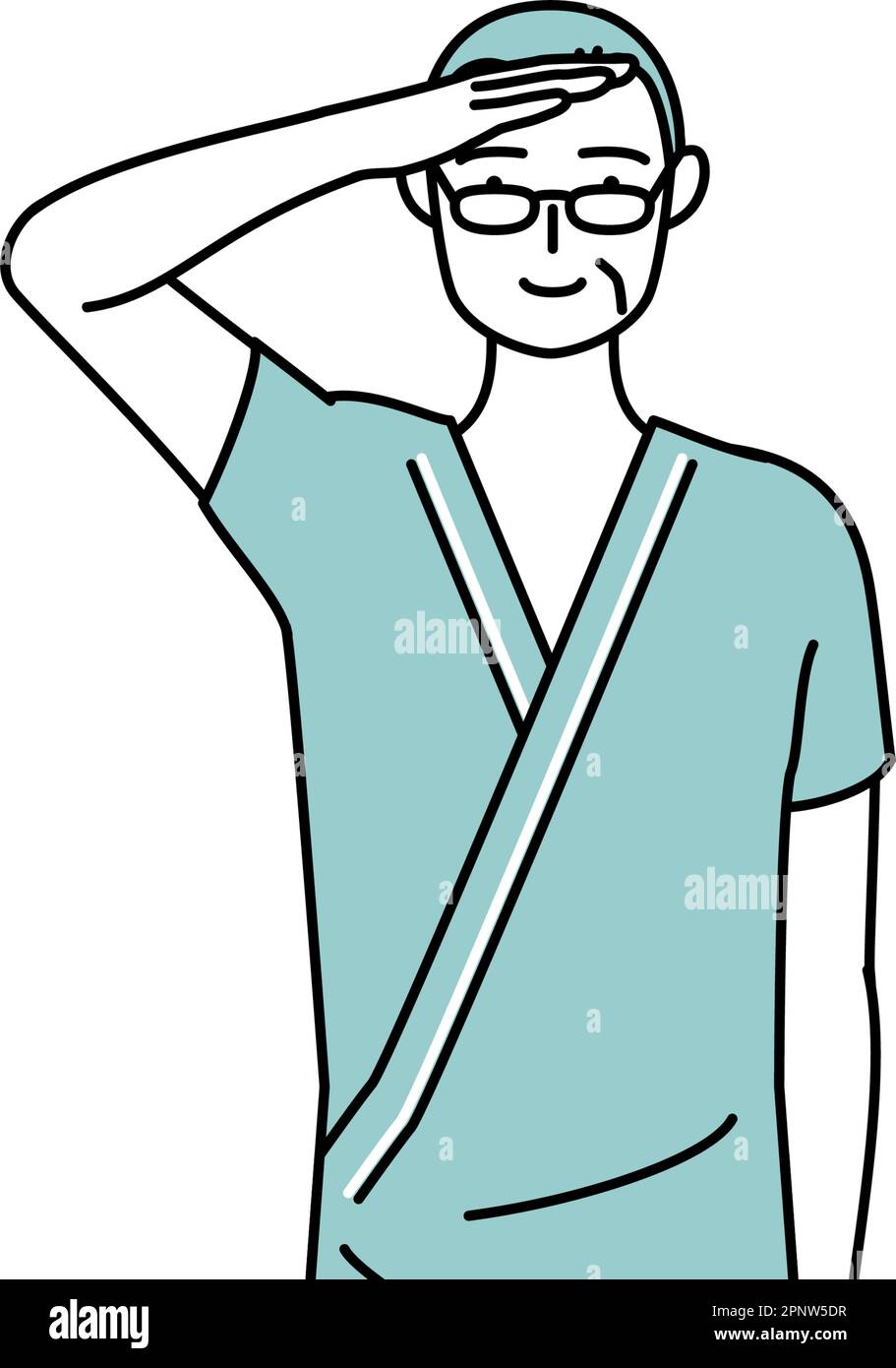 Middleaged and senior male admitted patient in hospital gown making a