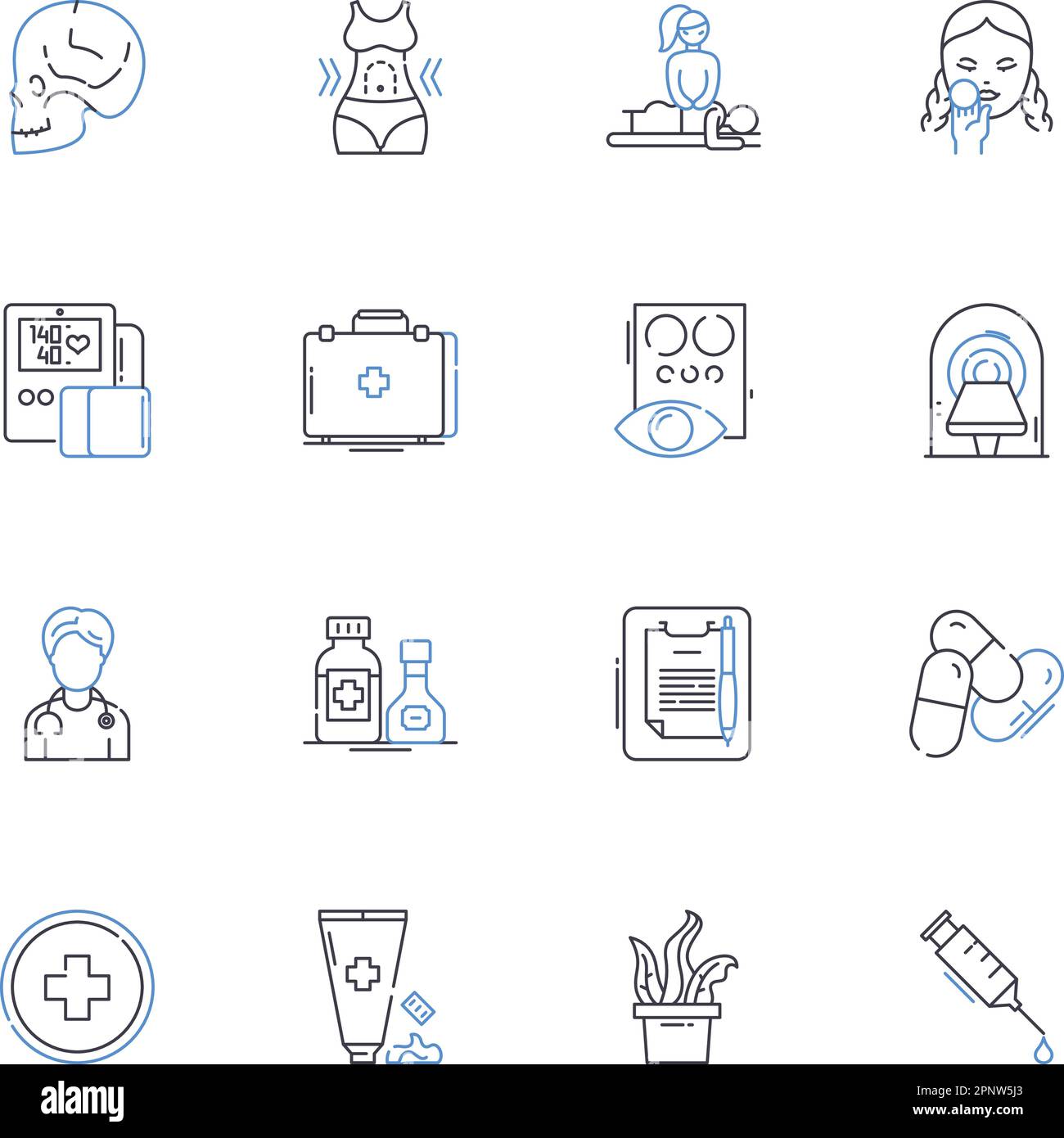 Radiology line icons collection. X-ray, Imaging, Ultrasound, MRI, CT, Fluoroscopy, Mammography vector and linear illustration. Radiography,Nuclear Stock Vector