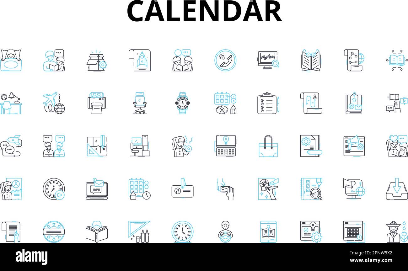 Calendar linear icons set. Scheduling, Organization, Reminders, Appointments, Planning, Time, Events vector symbols and line concept signs. Dates Stock Vector