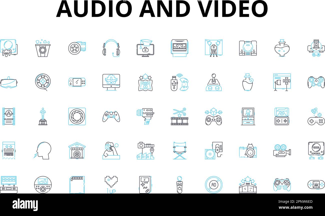 audio and video linear icons set. Playback, Streaming, Editing, Mixing, Recording, Encoding, Sampling vector symbols and line concept signs. Synthesis Stock Vector