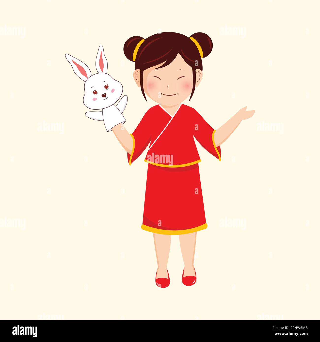 Character Of Chinese Young Girl Wearing Rabbit Puppet Glove In One Hand On Beige Background. Stock Vector