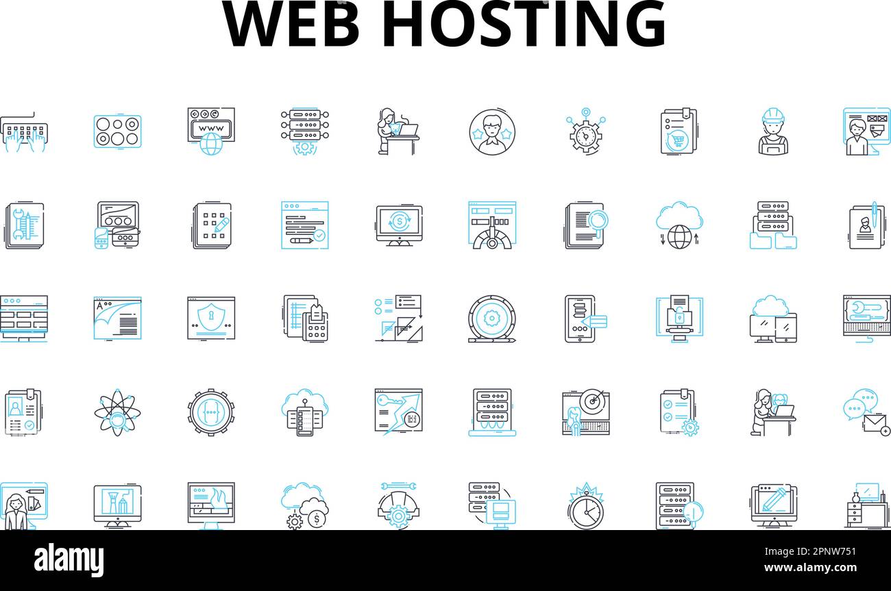 Web Hosting linear icons set. Server, Hosting, Domain, Bandwidth, Uptime, Database, Cloud vector symbols and line concept signs. CMS,Shared,Dedicated Stock Vector