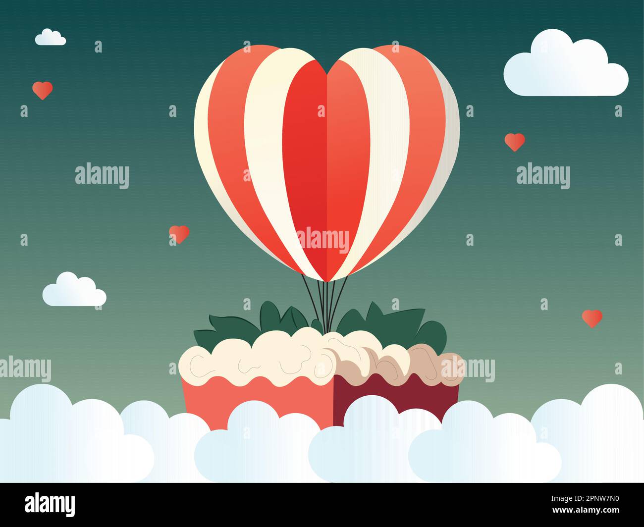 Illustration Of Heart Shape Hot Air Balloons, Clouds On Green And White ...