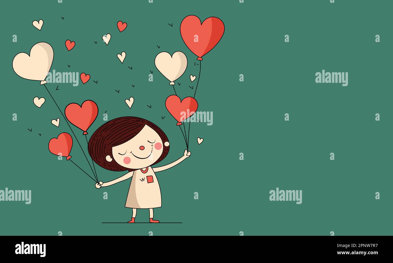 Vector Of Cute Little Girl Holding Heart Shape Balloons On Green