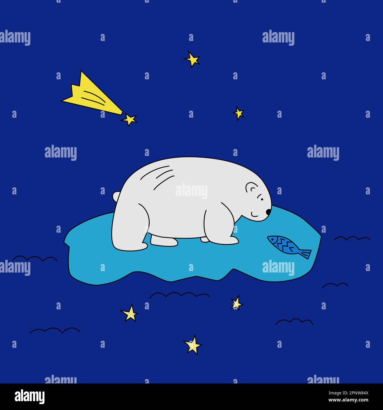 Cute white polar bear floating on ice-cake in the ocean at blue night with fish and stars Stock Vector