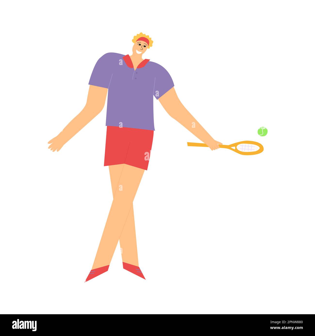 Happy tennis player hitting a ball with racket. Cartoon flat vector character. Young guy playing