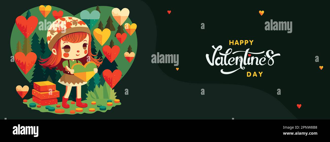 Happy Valentine's Day Concept With Cute Girl Character Standing Near Boxes, Heart Shapes Decorated On Green Background And Nature View. Stock Vector