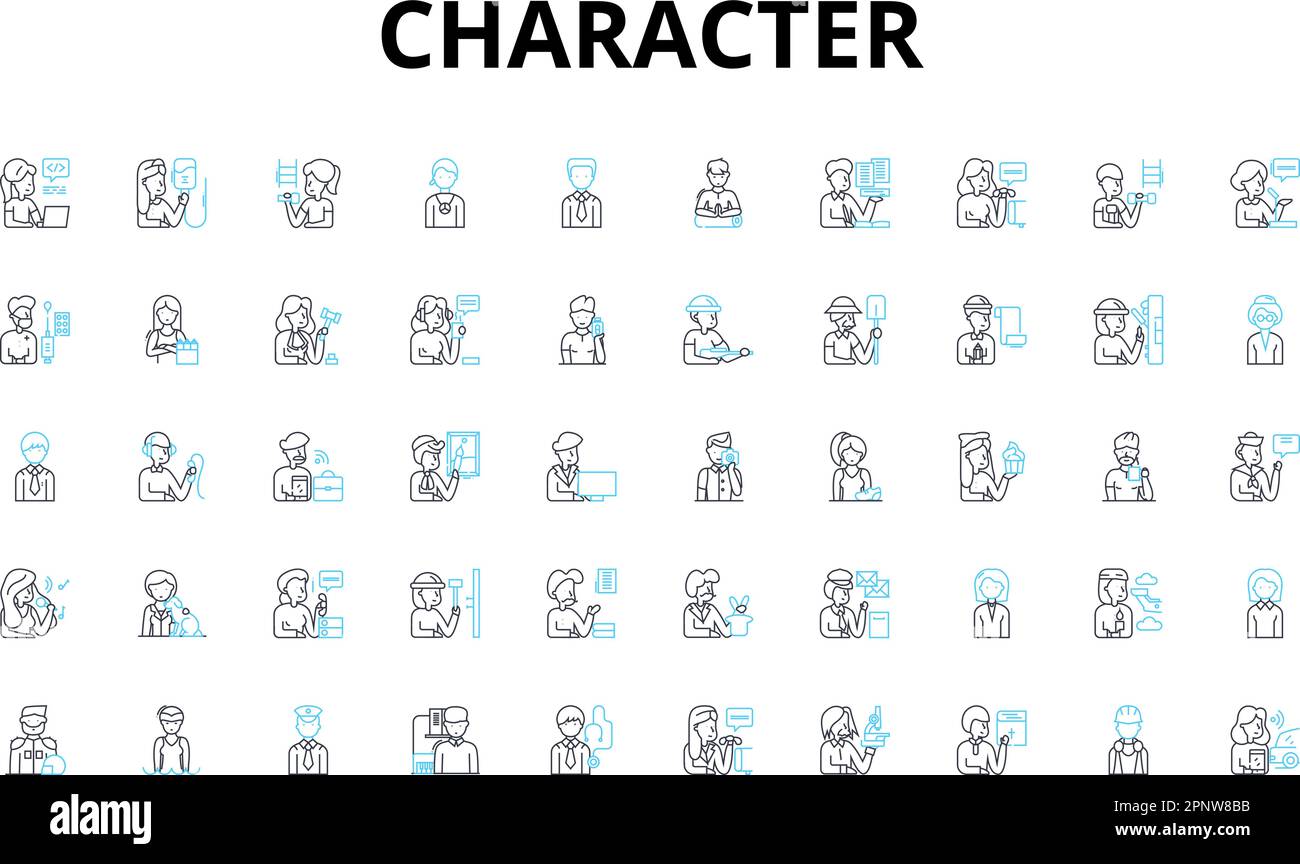 Character linear icons set. Personality, Traits, Unique, Mannerisms, Behavior, Disposition, Morals vector symbols and line concept signs. Quirks Stock Vector