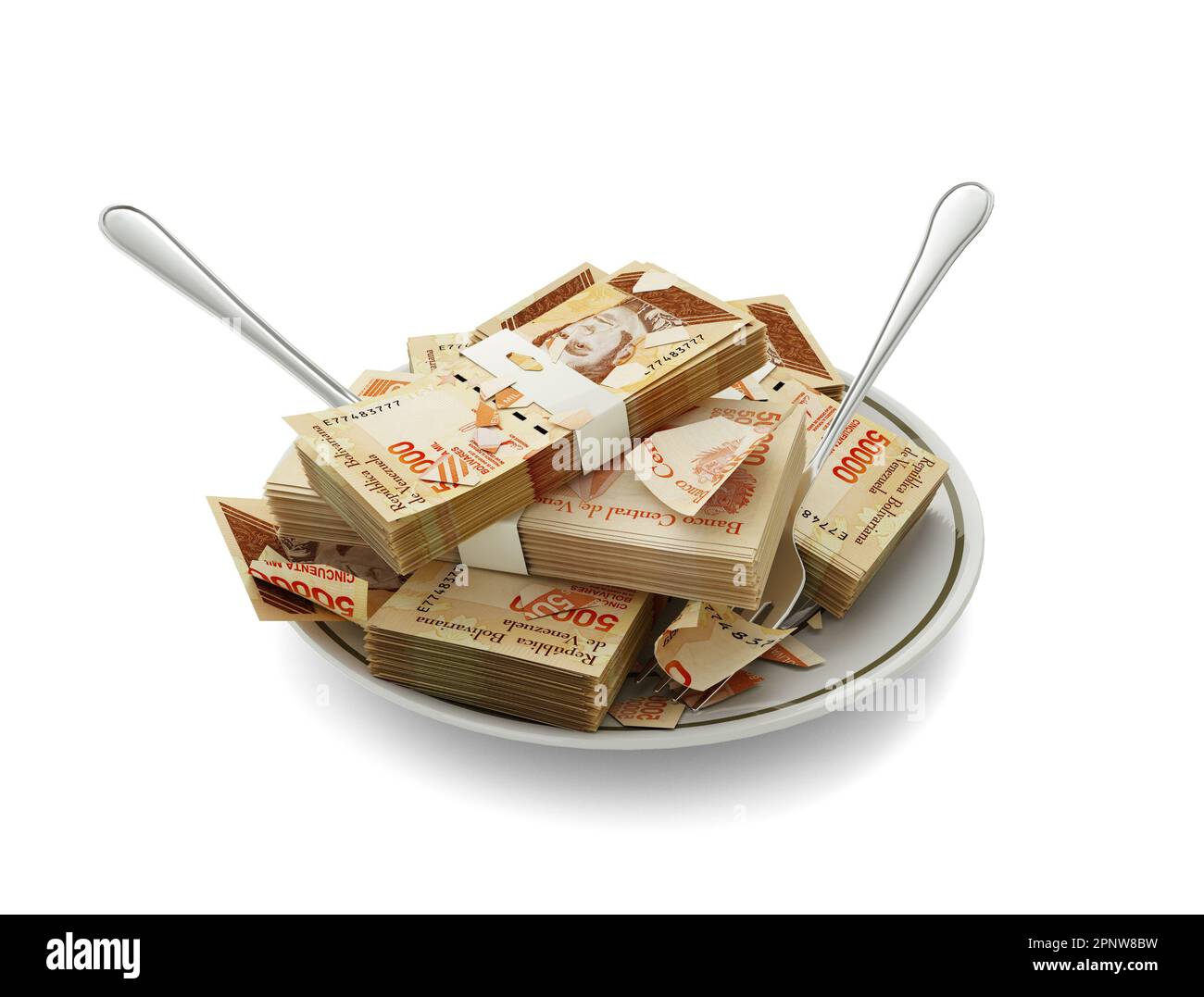 3D rendering of Venezuelan bolivar notes on plate. Money spent on food concept. Food expenses, expensive meal, spending money concept. eating money, m Stock Photo