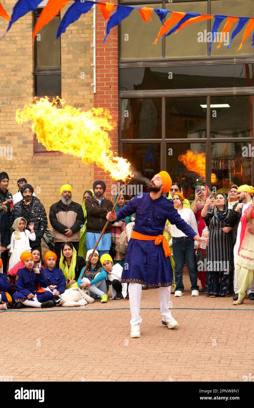 Fire Breathing on the Derby Vaisakhi Nagar Kirtan 2023 Martial Arts display by Sikh children