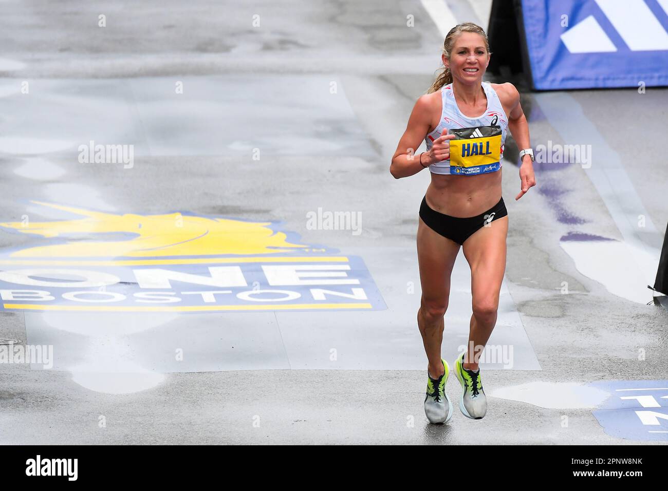 BOSTON, MA - APRIL 17: Sara Hall of the United States approaches the finish  line of the 127th Boston Marathon on April 17, 2023 on Boylston Street in  Boston, MA. (Photo by