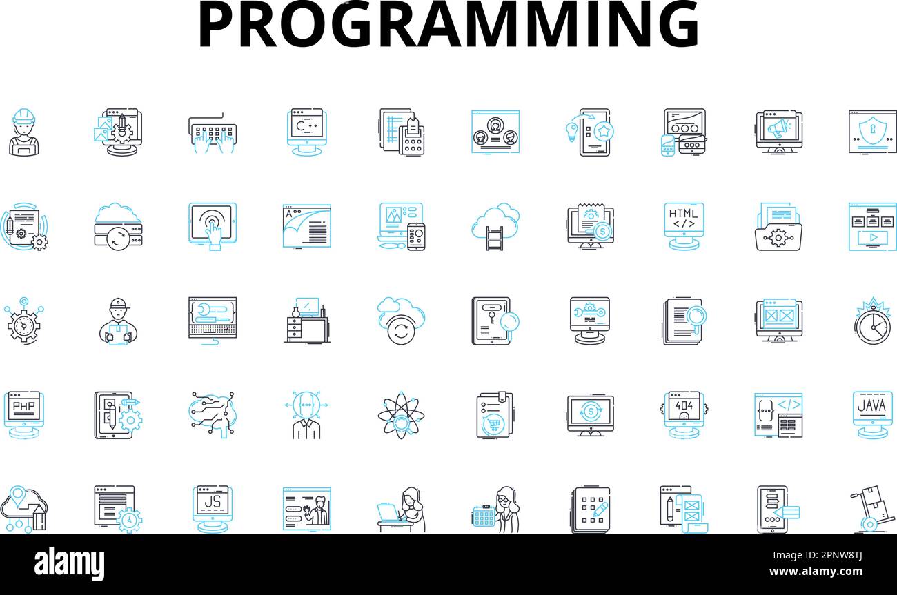 Programming linear icons set. Debugging, Syntax, Function, Algorithm, Compiler, Loop, Variable vector symbols and line concept signs. Code,Framework Stock Vector