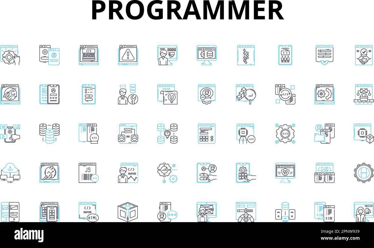 Programmer linear icons set. Coding, Debugging, Algorithms, Syntax, Variables, Loops, Logic vector symbols and line concept signs. Functions Stock Vector