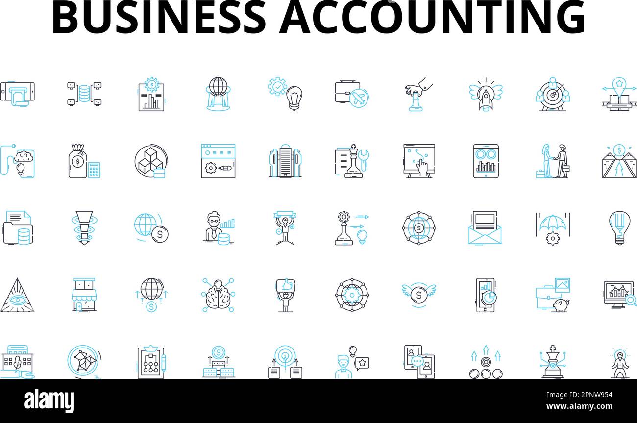 Business accounting linear icons set. Taxation, Bookkeeping, Auditing, Cashflow, Profitability, Balance-sheet, Financial-statements vector symbols and Stock Vector