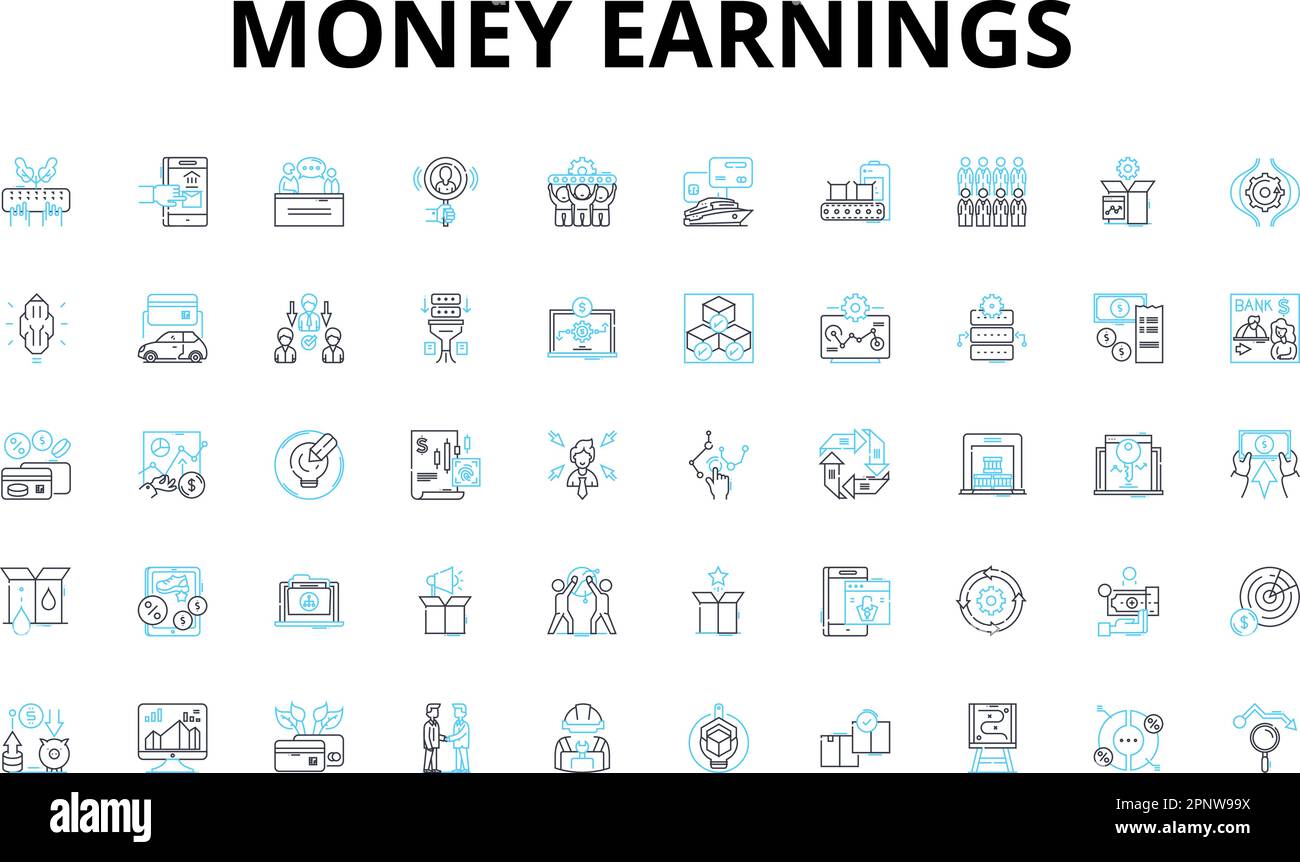 Money earnings linear icons set. Income, Salary, Wages, Profit, Revenue, Earnings, Paycheck vector symbols and line concept signs. Compensation Stock Vector