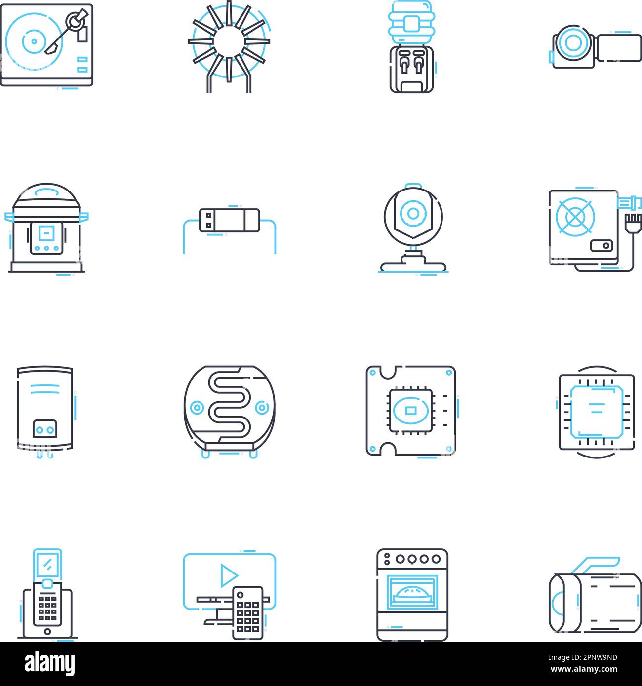 Electronic devices linear icons set. Smartph, Tablet, Laptop, Television, Speaker, Headphs, Camera line vector and concept signs. Dr,Smartwatch,Router Stock Vector