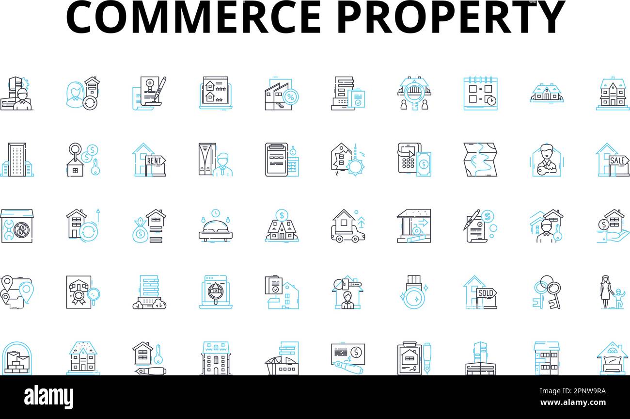 Commerce property linear icons set. Retail, Commercial, Industrial, Office, Warehouse, Shopping, Plaza vector symbols and line concept signs. Strip Stock Vector