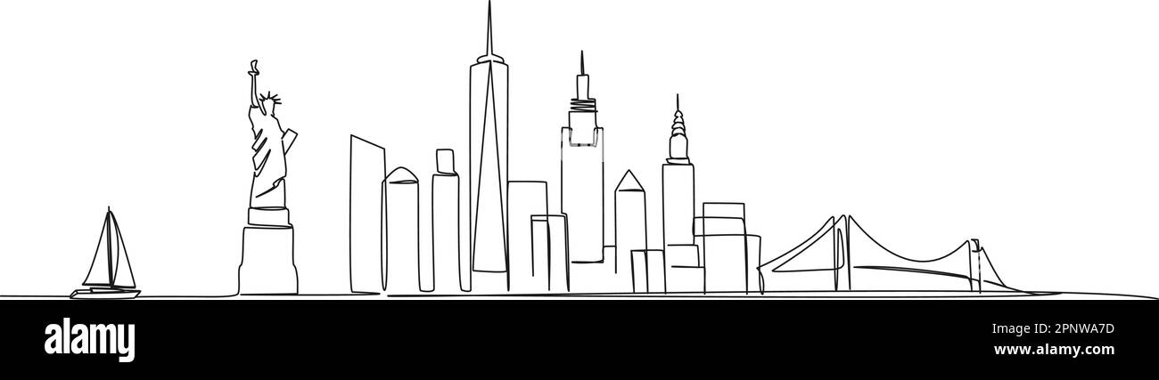 continuous single line drawing of abstract New York City skyline, line art NYC city scape vector illustration Stock Vector