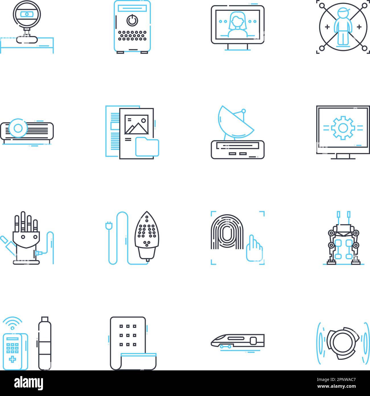 Audio equipment linear icons set. Amplifiers, Receivers, Speakers, Subwoofers, Headphs, Microphs, Mixers line vector and concept signs. Equalizers Stock Vector