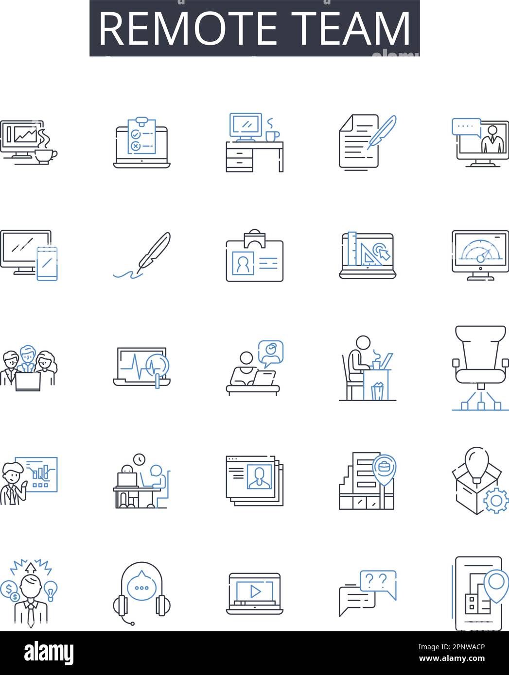 Remote team line icons collection. Virtual staff, Distant group, Off-site team, Far-flung crew, Online personnel, Geographically dispersed unit Stock Vector
