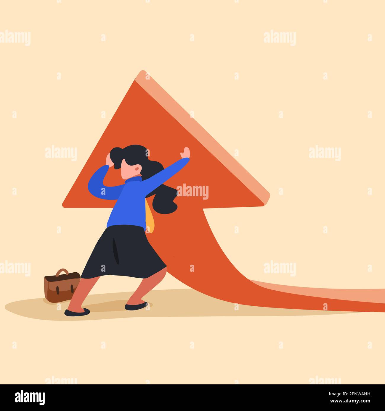 Business flat drawing young worker lifting rising financial arrow graph up. Businesswoman working hard to change direction of an arrow. Raising up arr Stock Photo