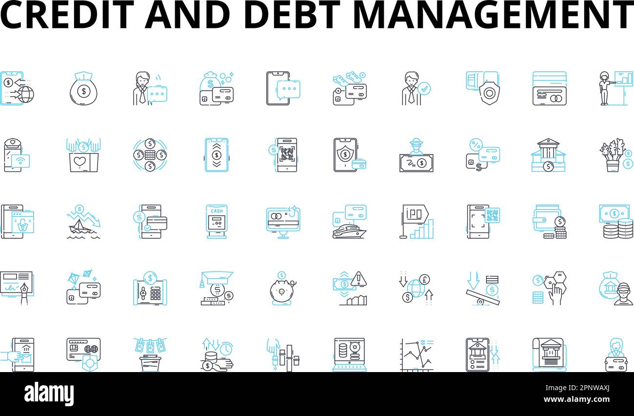 Credit and debt management linear icons set. Credirthiness, Interest, Balance, Budget, Score, Finance, Collection vector symbols and line concept Stock Vector