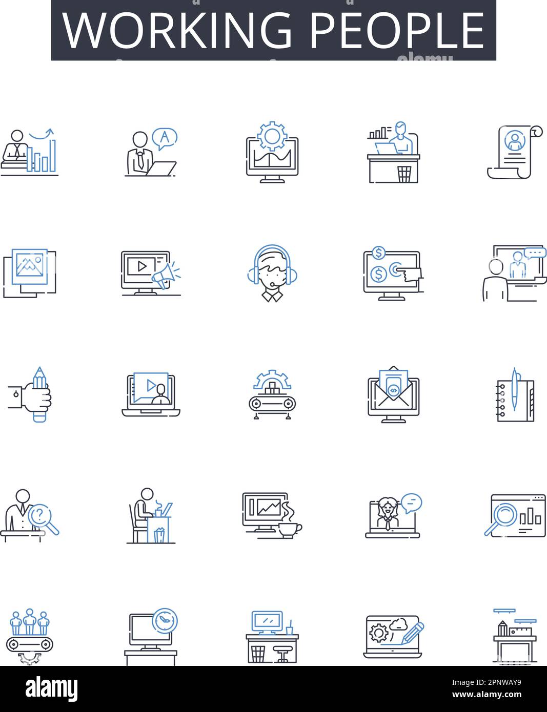 Working people line icons collection. Active folks, Busybodies, Laborers, Workforce, Employee base, Hard workers, Diligent employees vector and linear Stock Vector